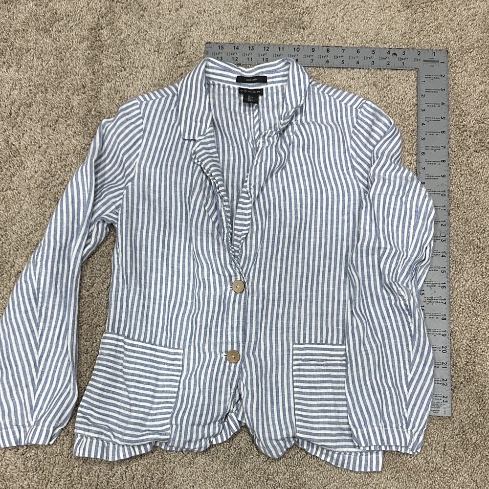 LinenStriped Blazer with Button Details
